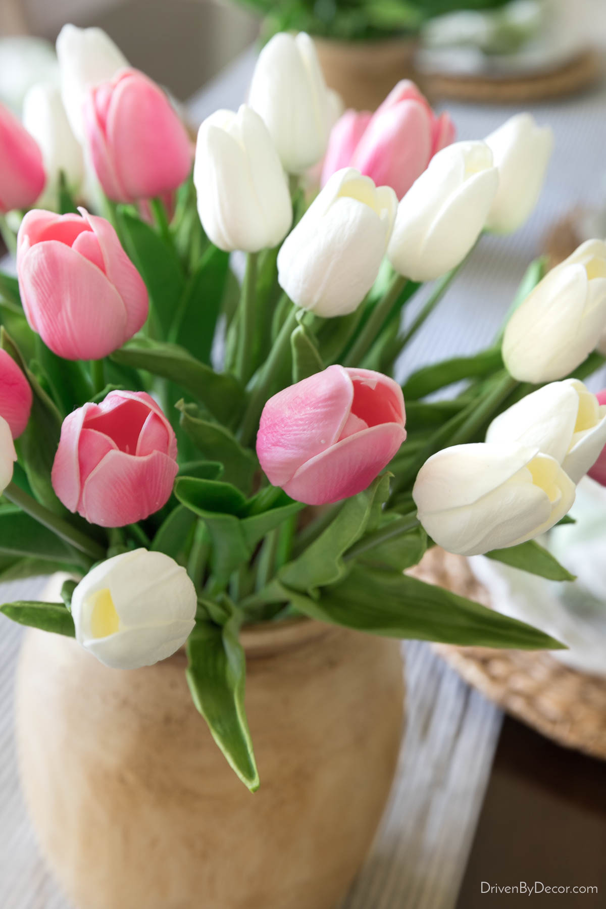 Close-up view of faux tulips