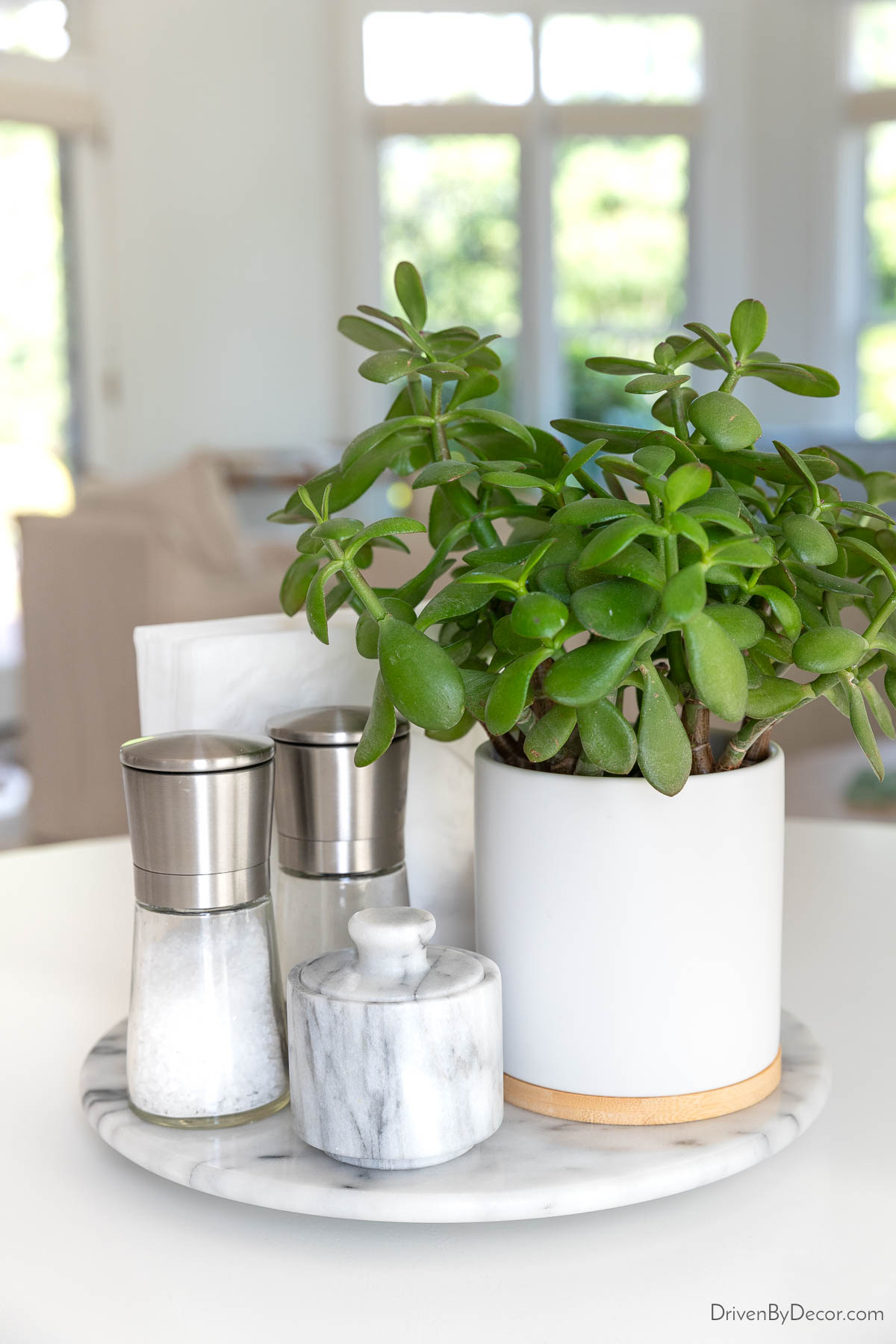 Marble lazy Susan with plant, napkins, and salt and pepper in center of kitchen table