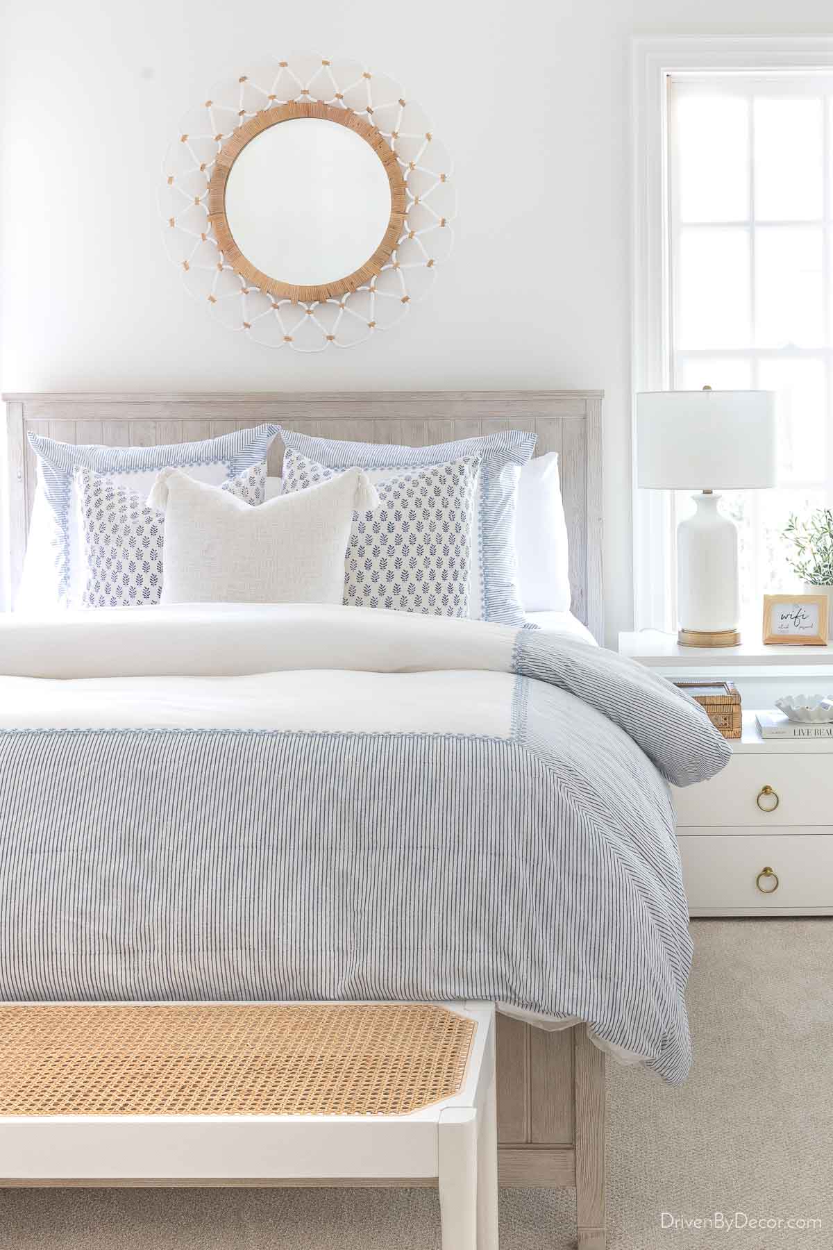 Blue and white duvet cover in coastal bedroom