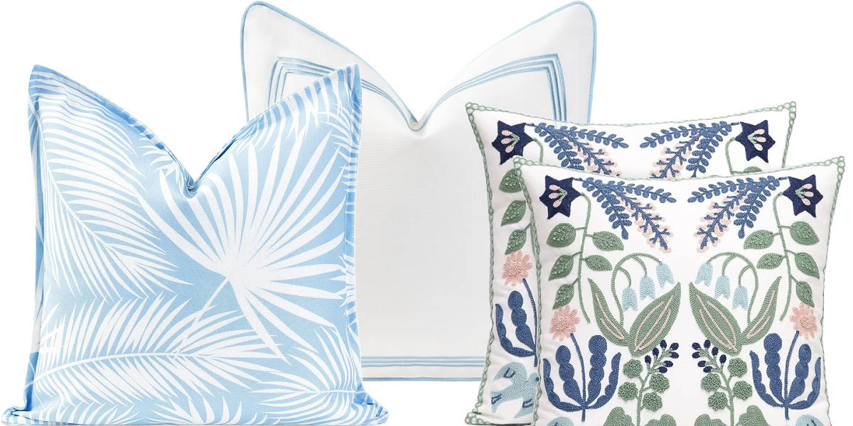 Budget throw pillows in light blue and green