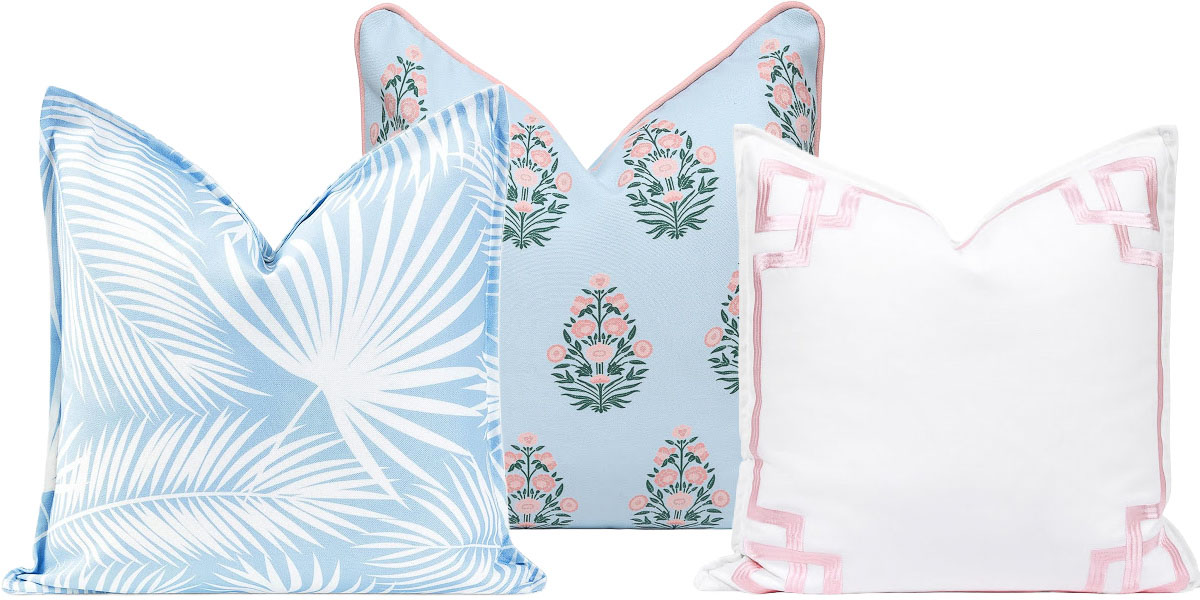 Budget throw pillows in light blue and pink