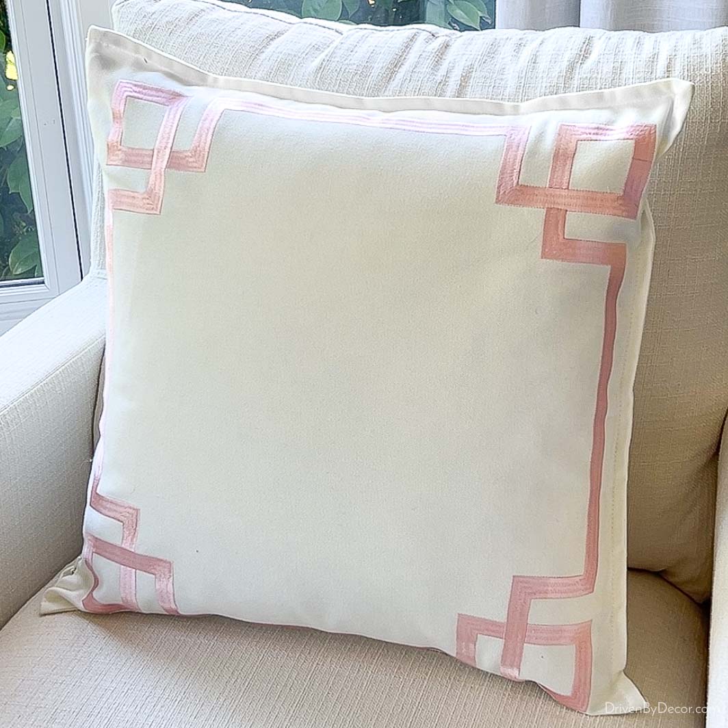 Pink Greek key framed throw pillow at a budget friendly price
