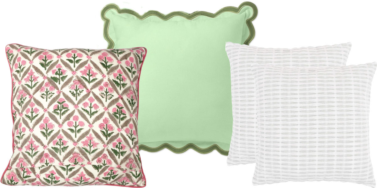 Budget throw pillows in pink and green