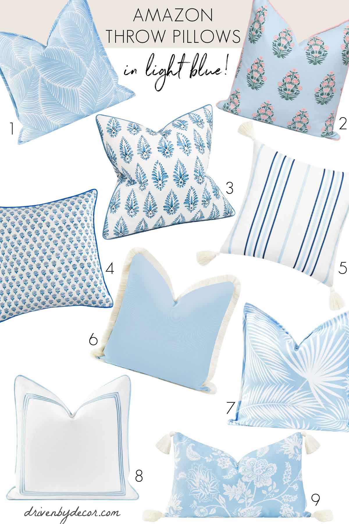 Budget throw pillows in light blue