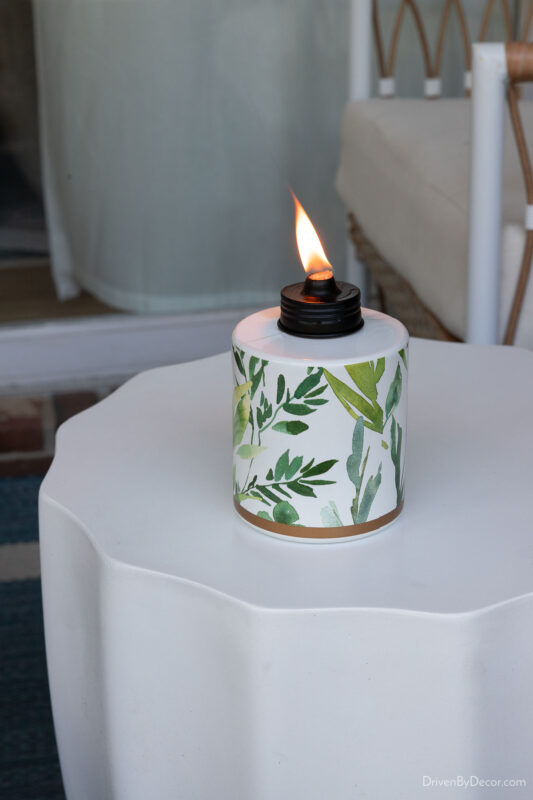 Tabletop tiki torch with greenery design