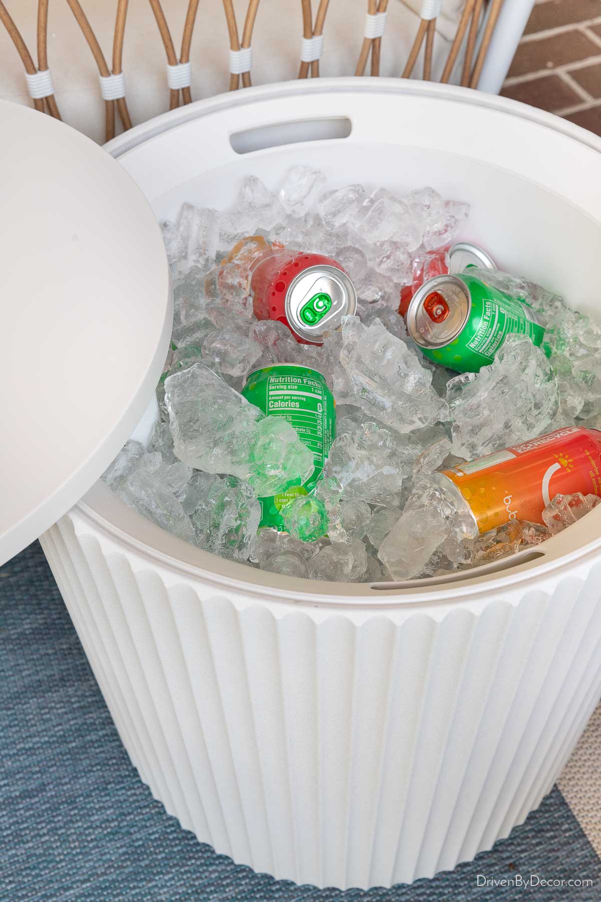 Side table with cooler inside filled with ice and drinks