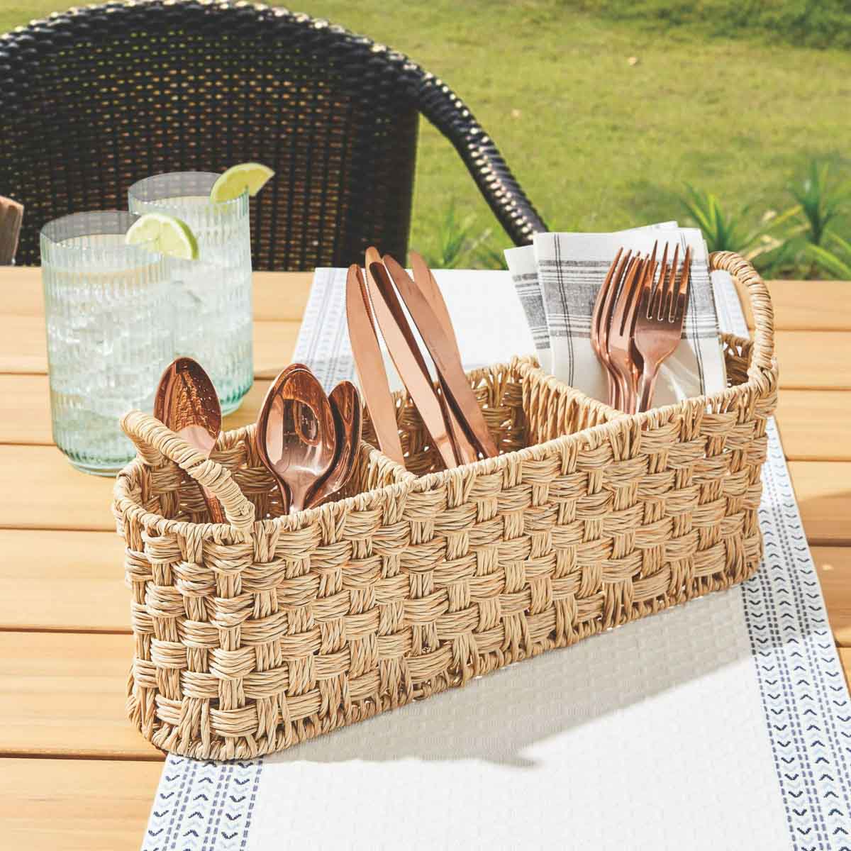 Affordable woven caddy for silverware and napkins