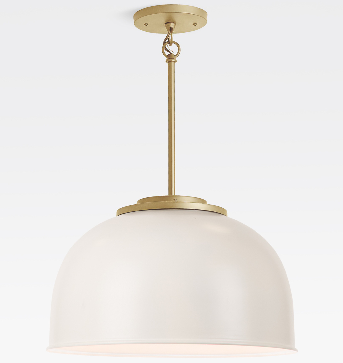 Matte white dome pendant with brass accents
