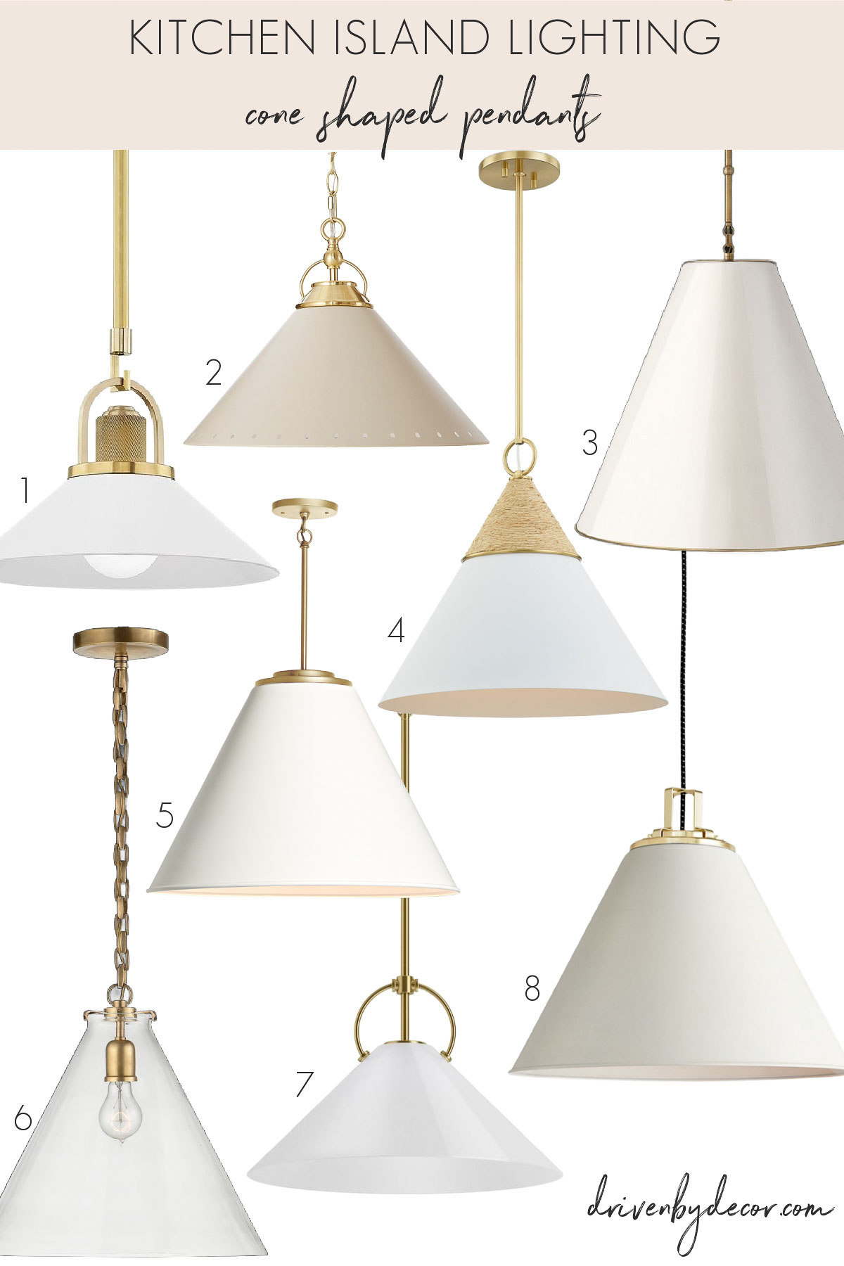 Kitchen island pendant lighting: cone pendants