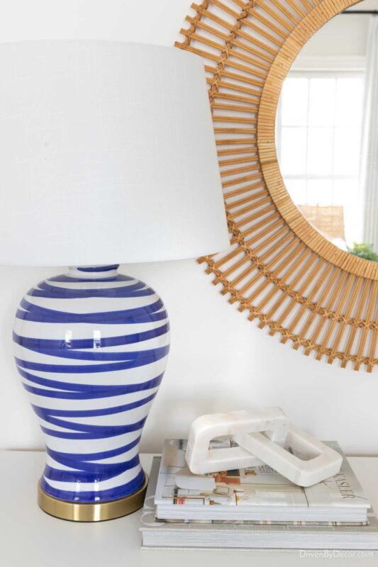 Blue brushstroke lamp on dresser