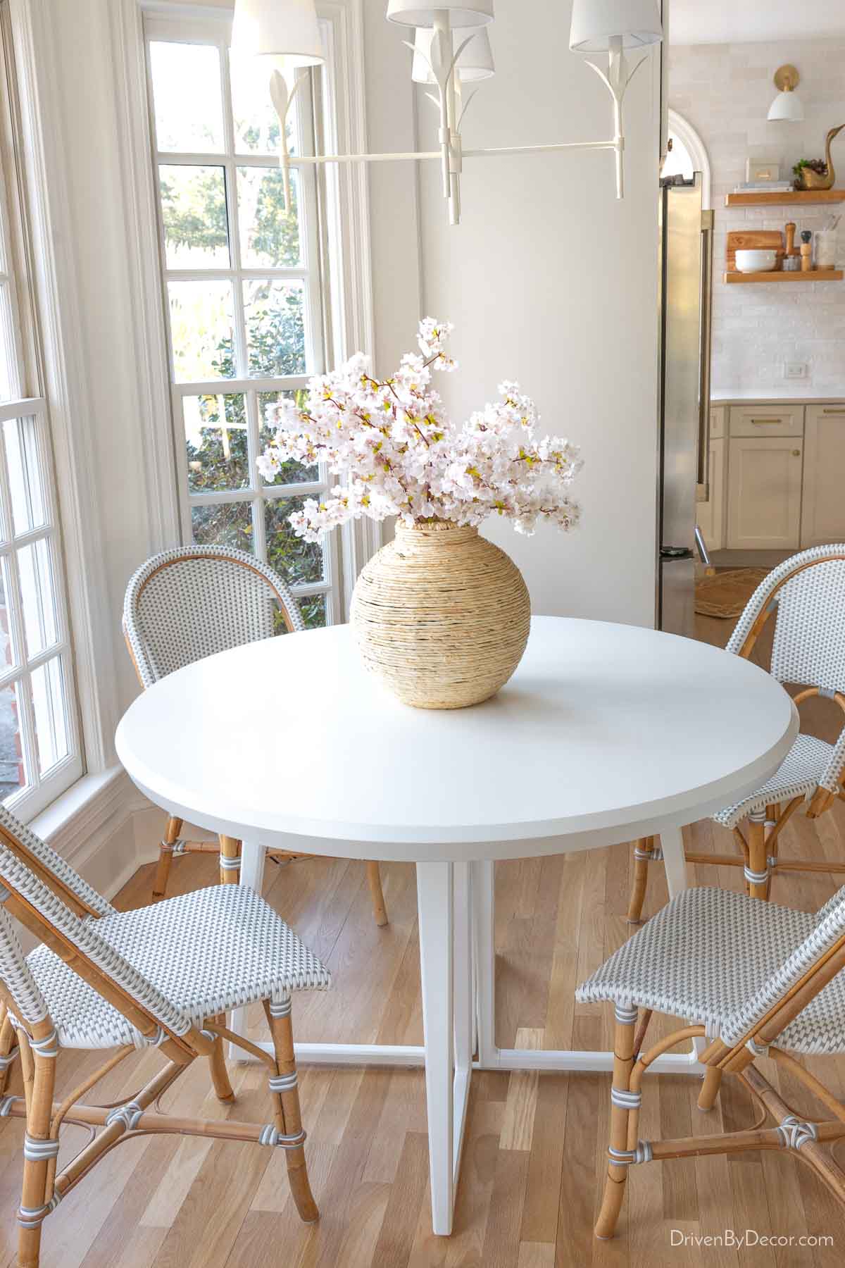 Large woven vase as table centerpiece
