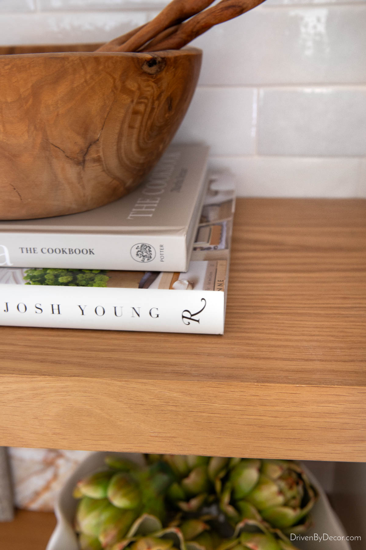 Floating wood shelves in natural color as part of our kitchen coffee bar