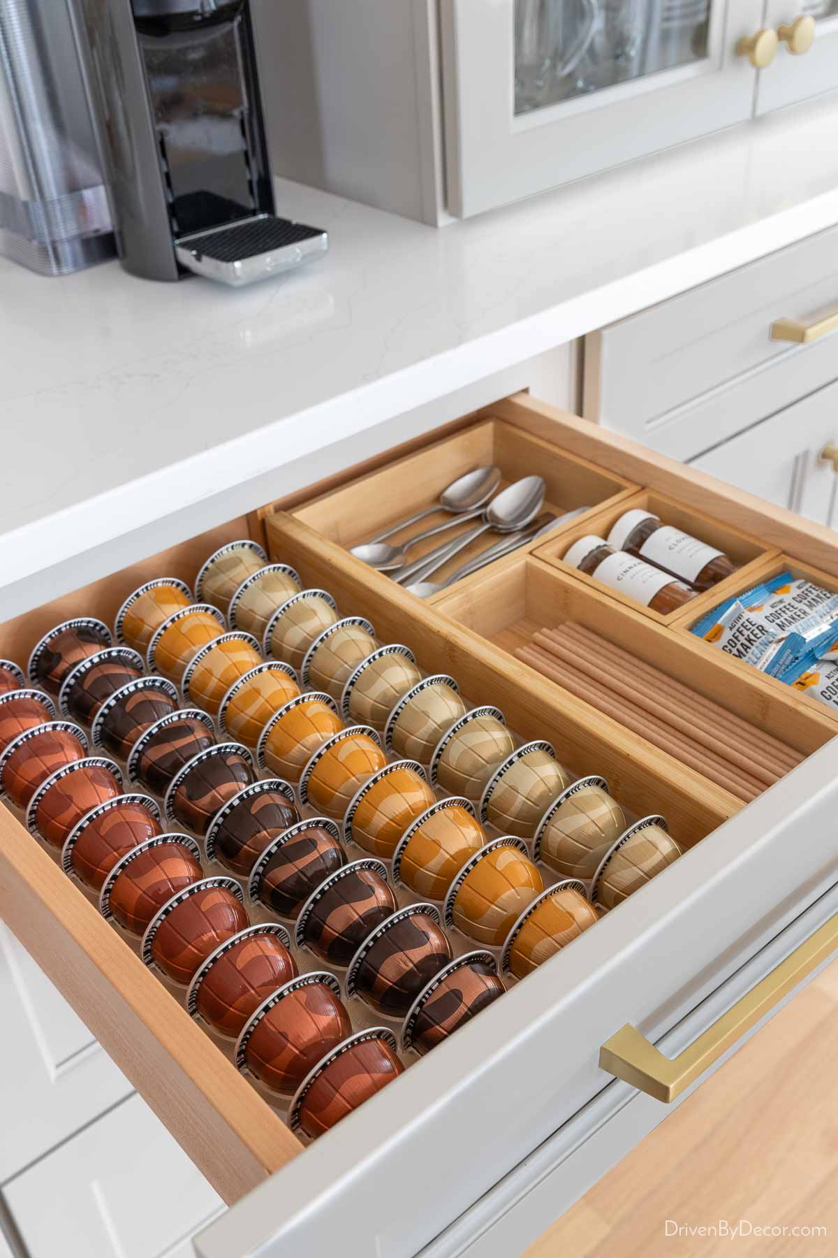 Kitchen coffee bar storage of coffee pods