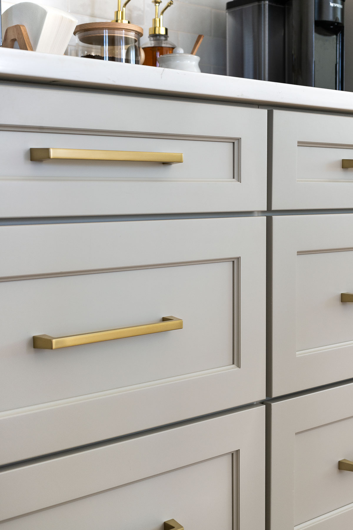 Our New Kitchen Coffee Bar! Taupe cabinets with Shaker design