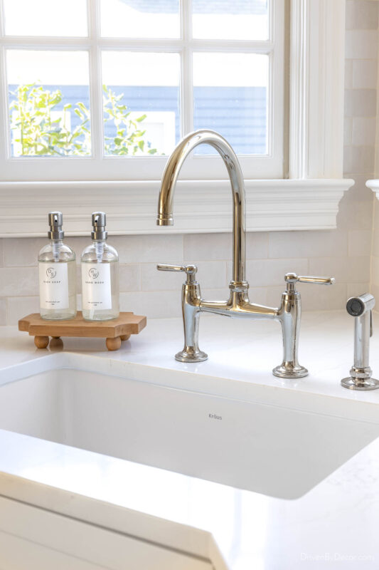 Polished nickel bridge faucet in our kitchen