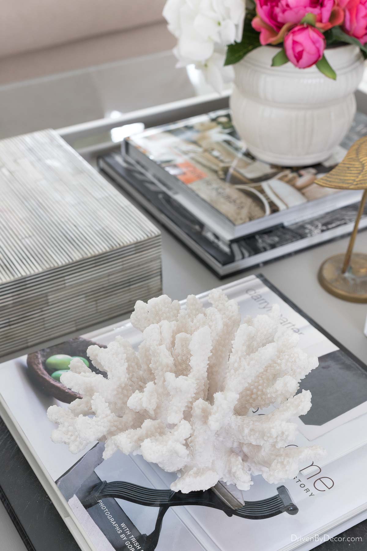 Faux coral as coffee table decor
