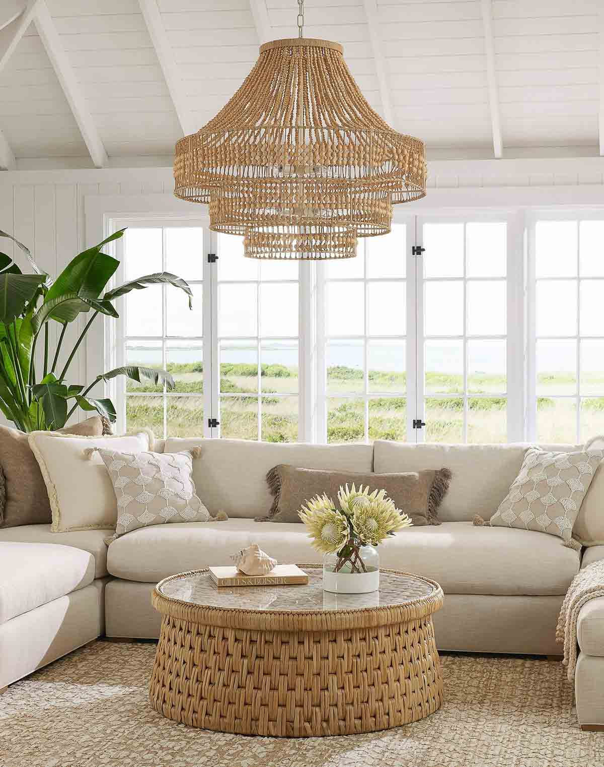 Round woven coffee table with minimalistic decor