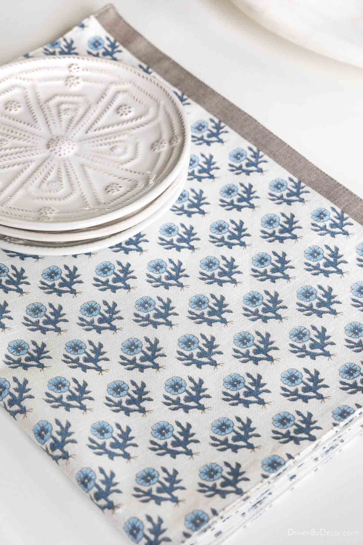 Blue and gray block print placemats