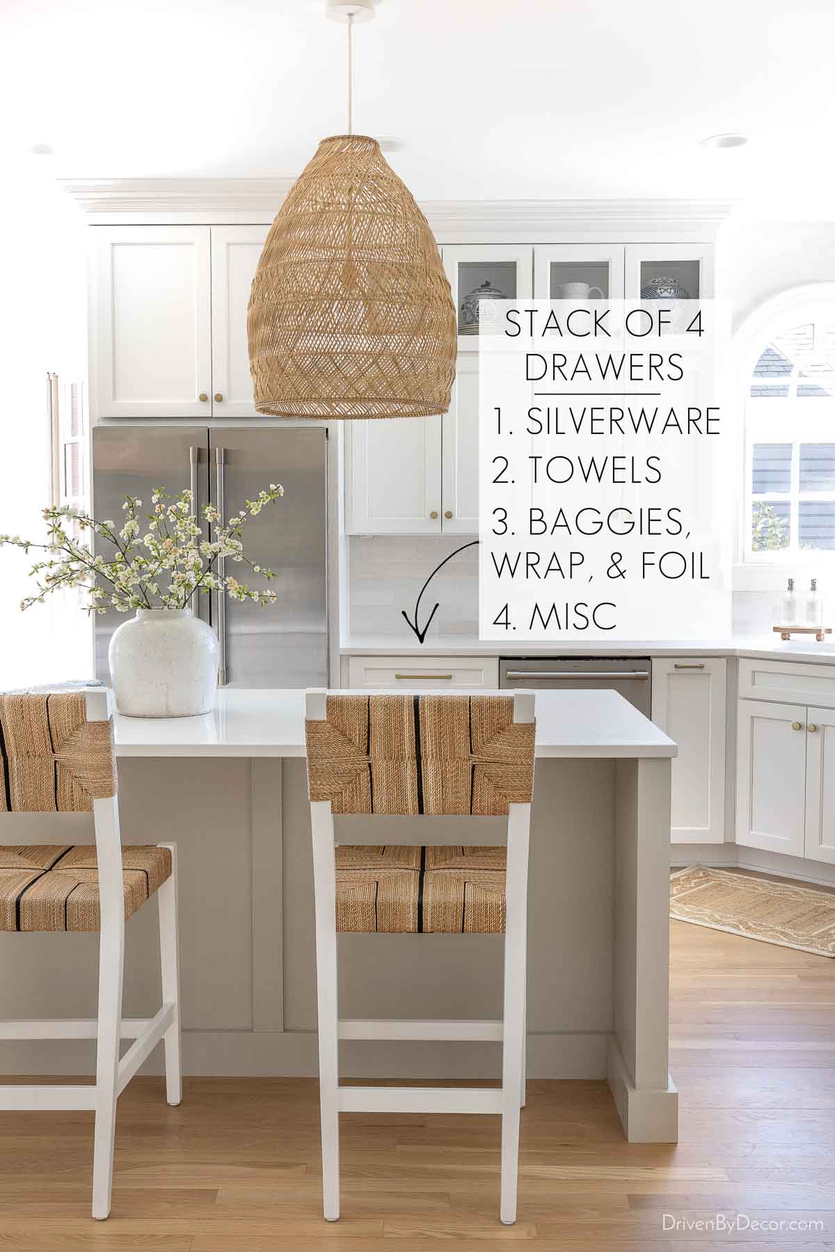 Kitchen drawer organizers in each of the four drawers next to our refrigerator