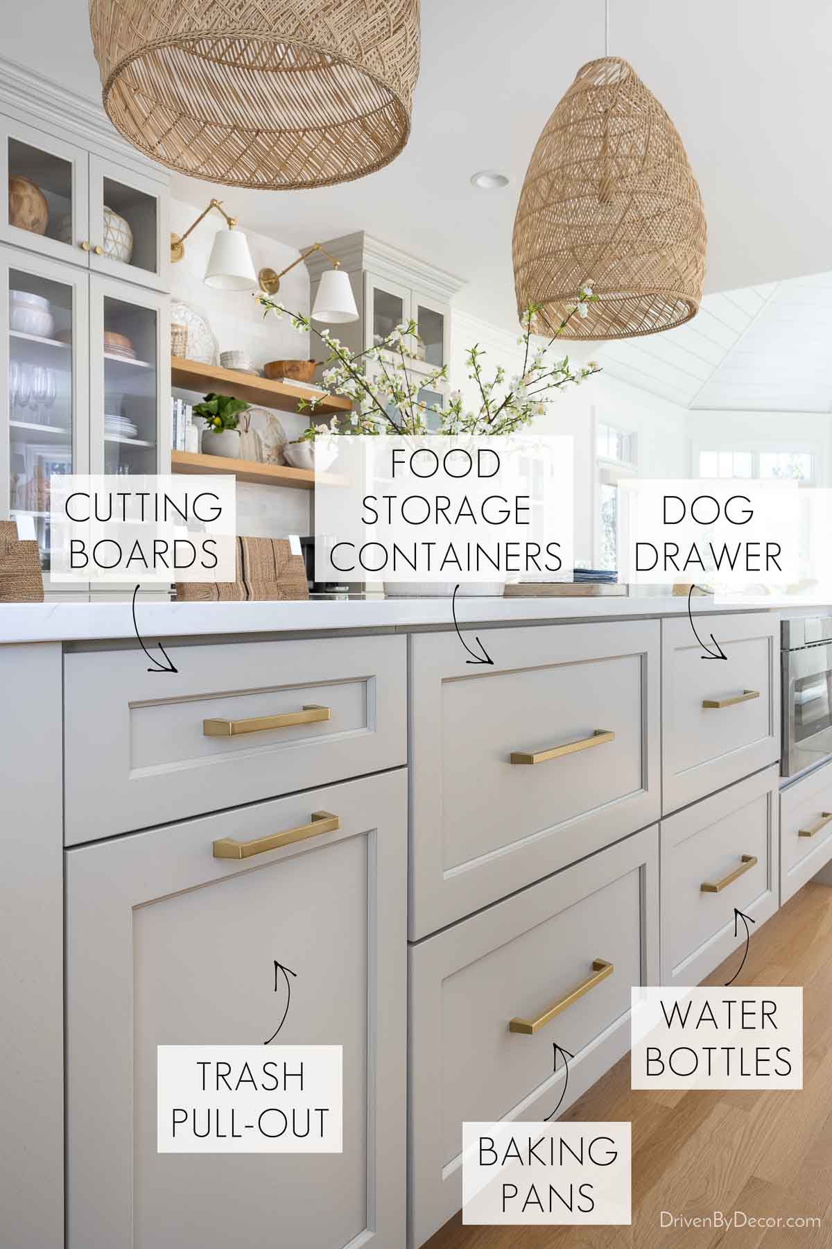 Kitchen island drawers with labels of what's stored inside