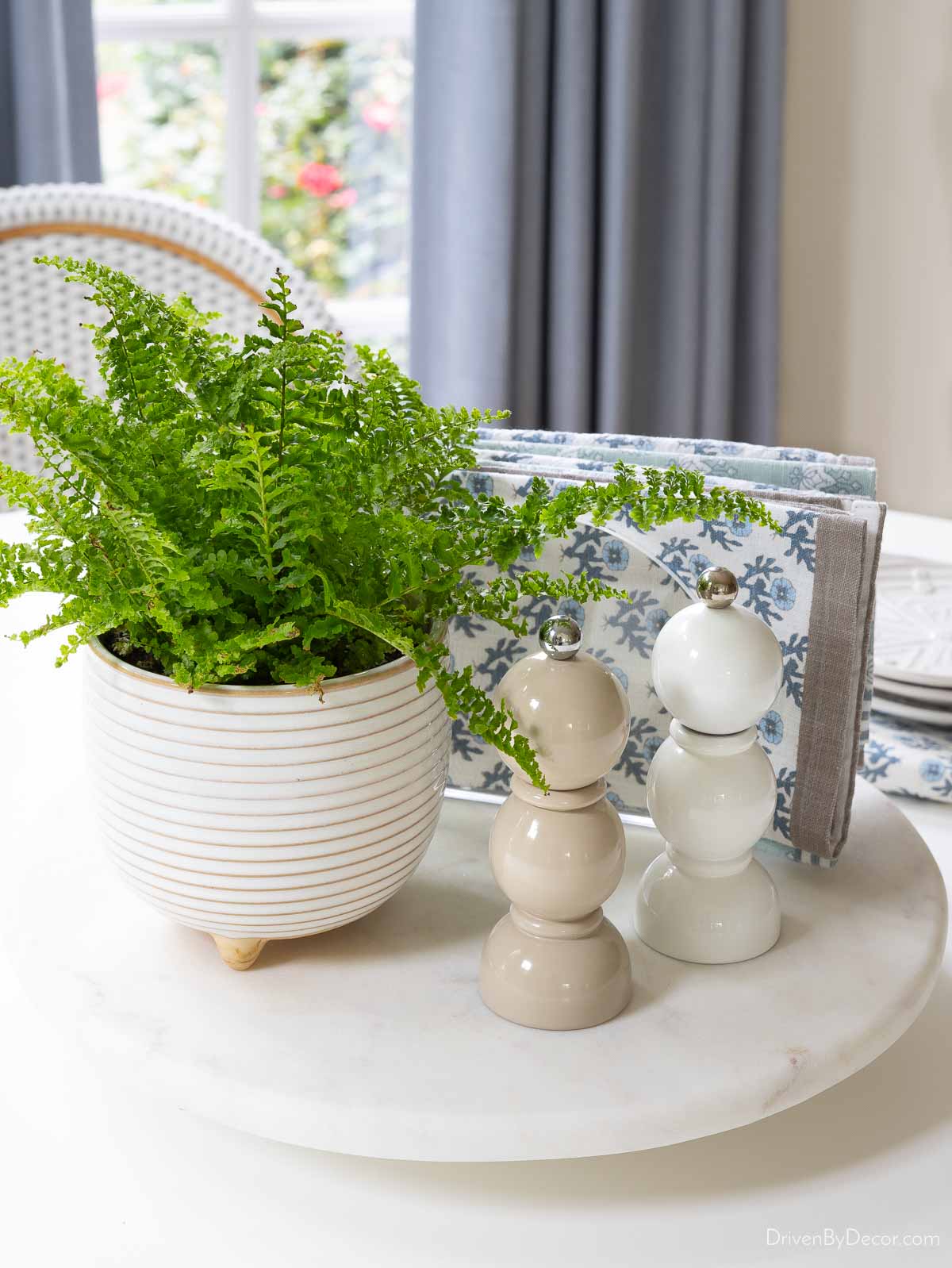 Lazy Susan with planter, salt and pepper shakers, and napkins