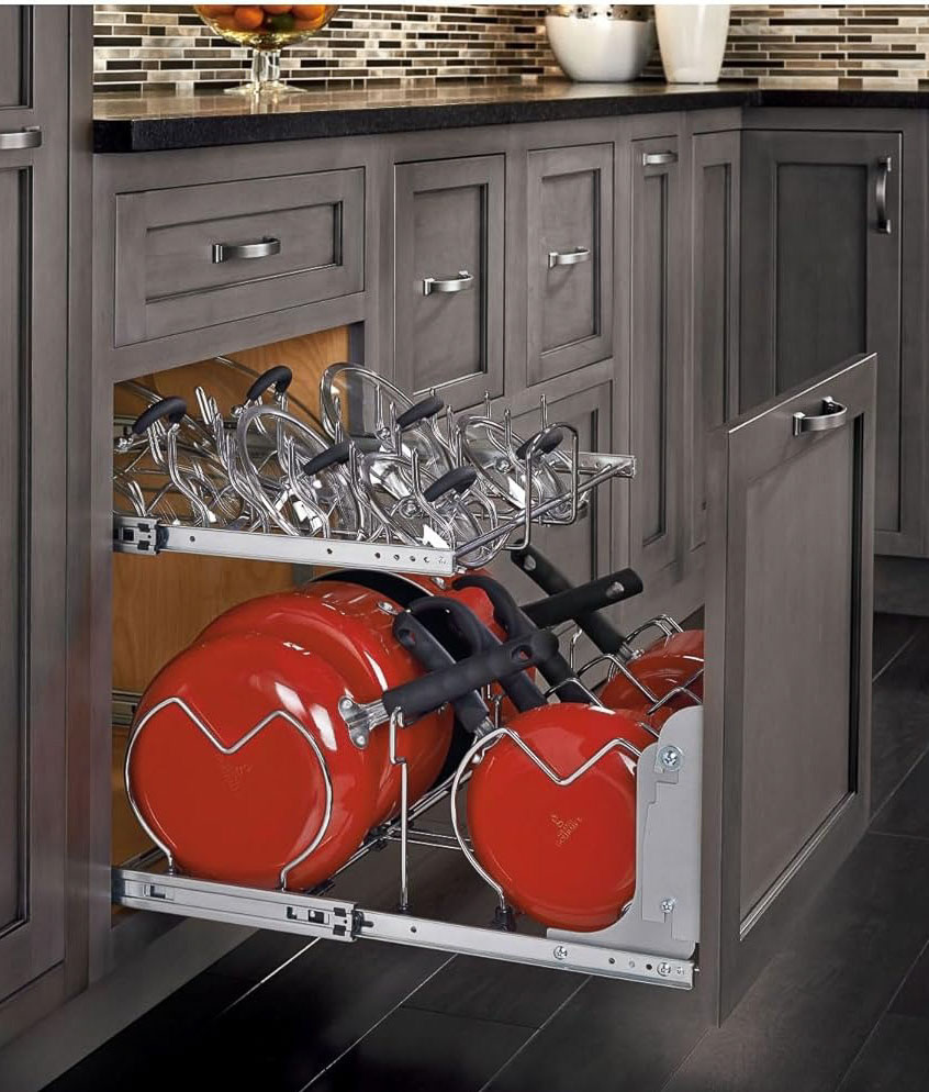 Built-in cookware organizer in kitchen