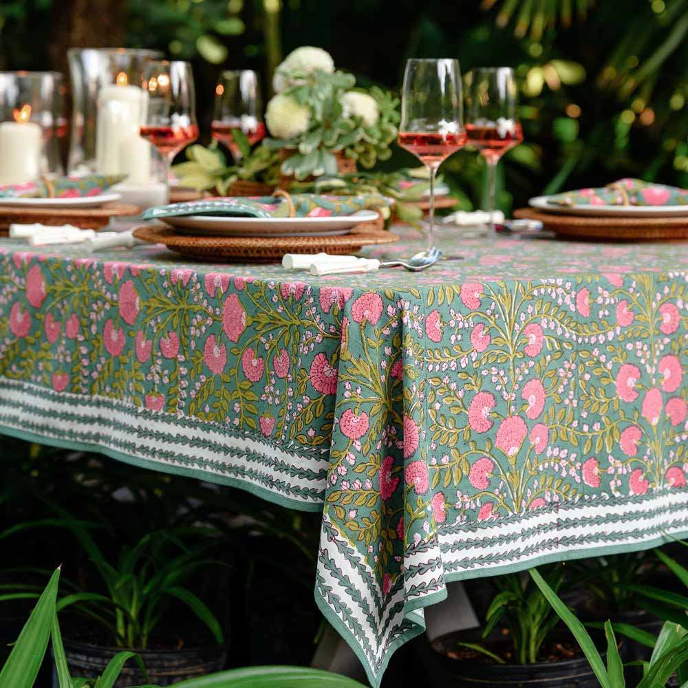 Green and pink block print tablecloth
