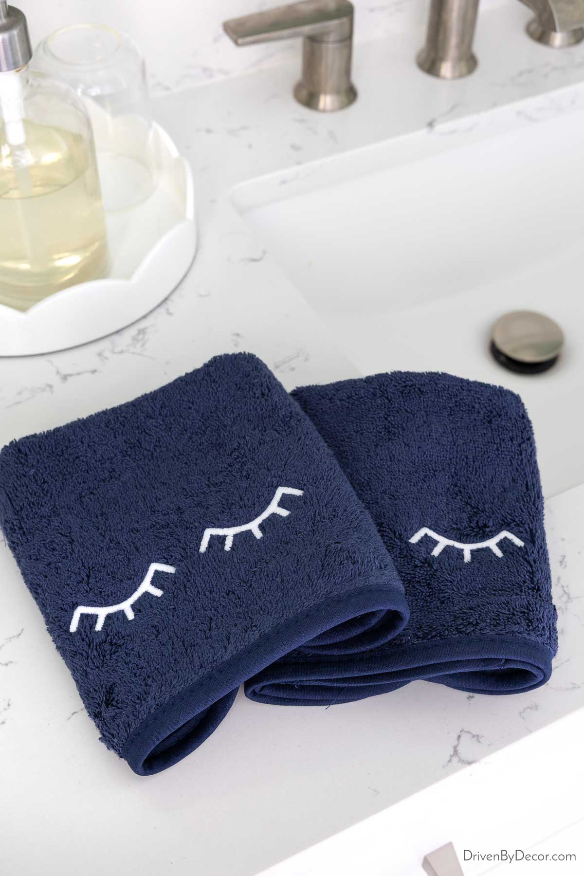 Wash cloths for makeup - navy with white eyelash embroidery