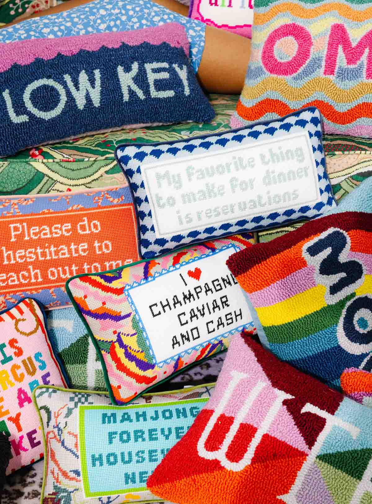 Needlepoint pillows with fun sayings
