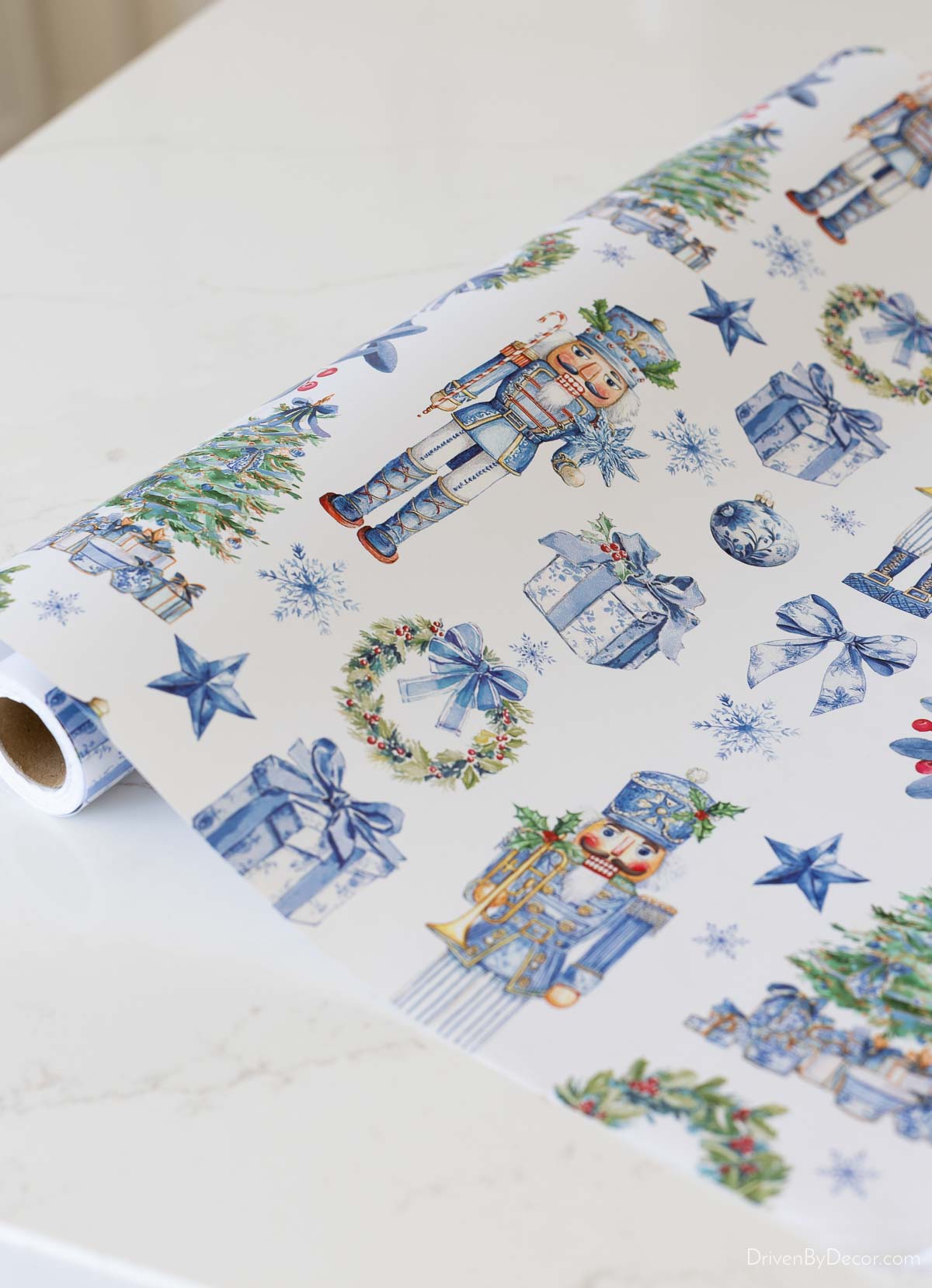 Blue nutcracker wrapping paper for coastal Christmas decor