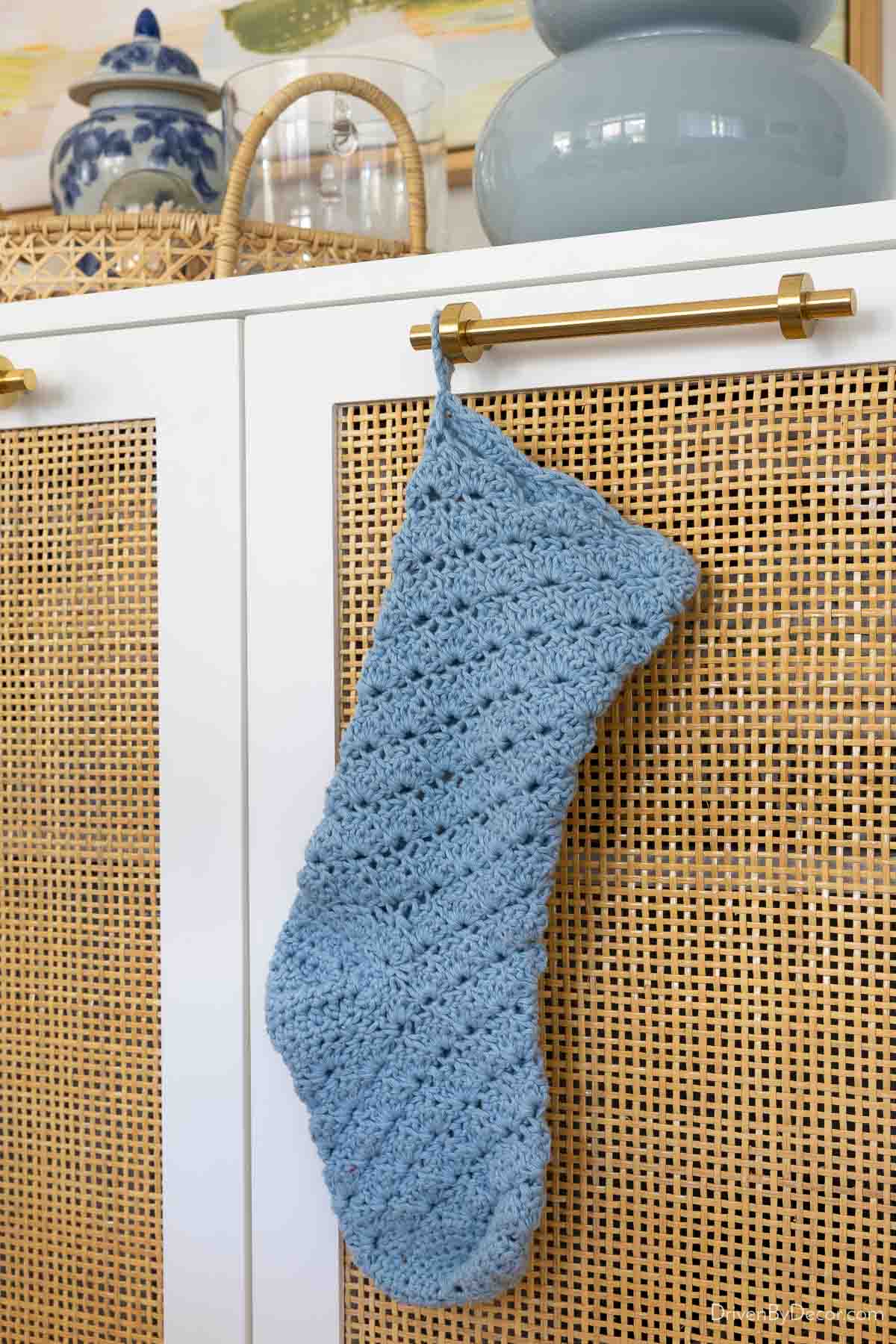 Light blue hand knit stocking