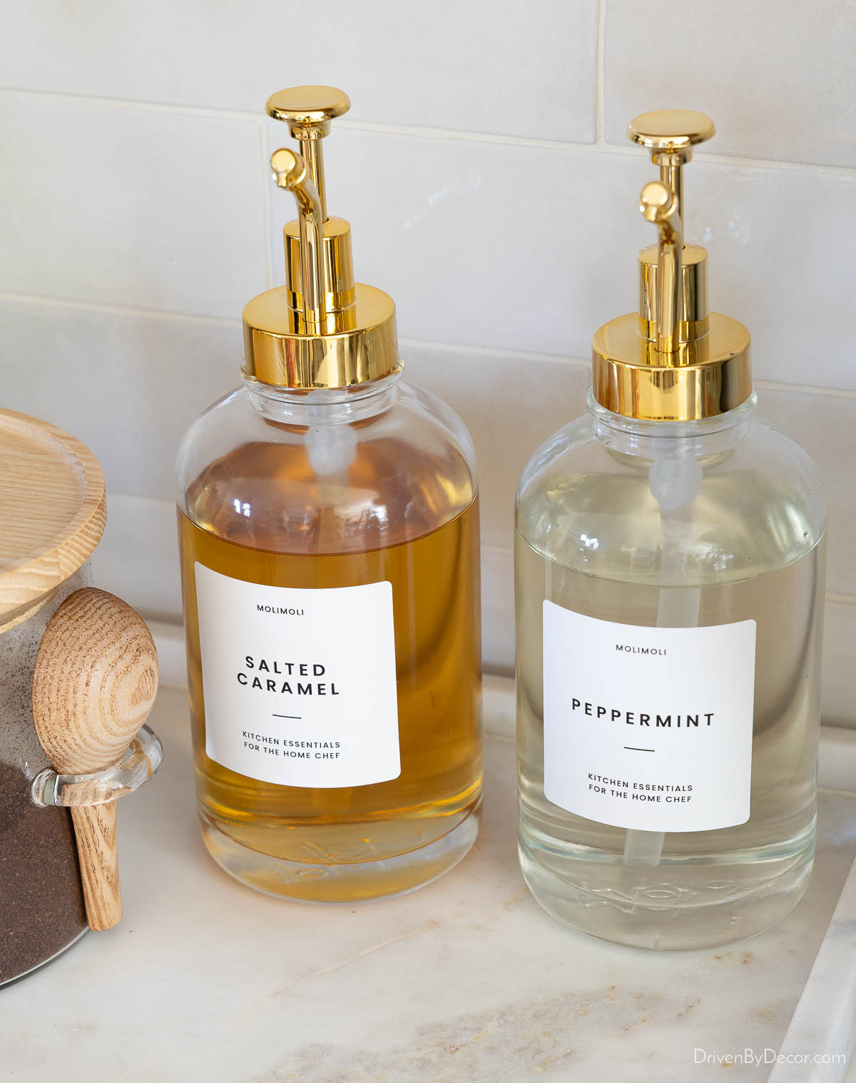 Holiday syrup pumps on Christmas coffee bar