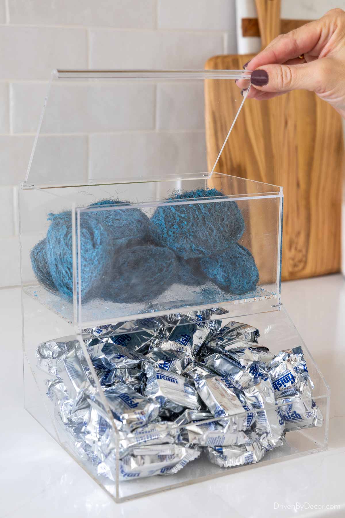 Acrylic organizer for dishwasher pods soap pads
