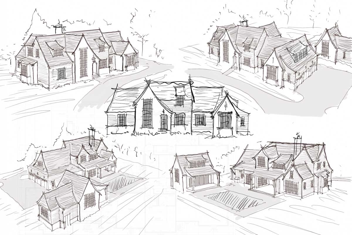 Sketches of various exterior views of modern tutor home