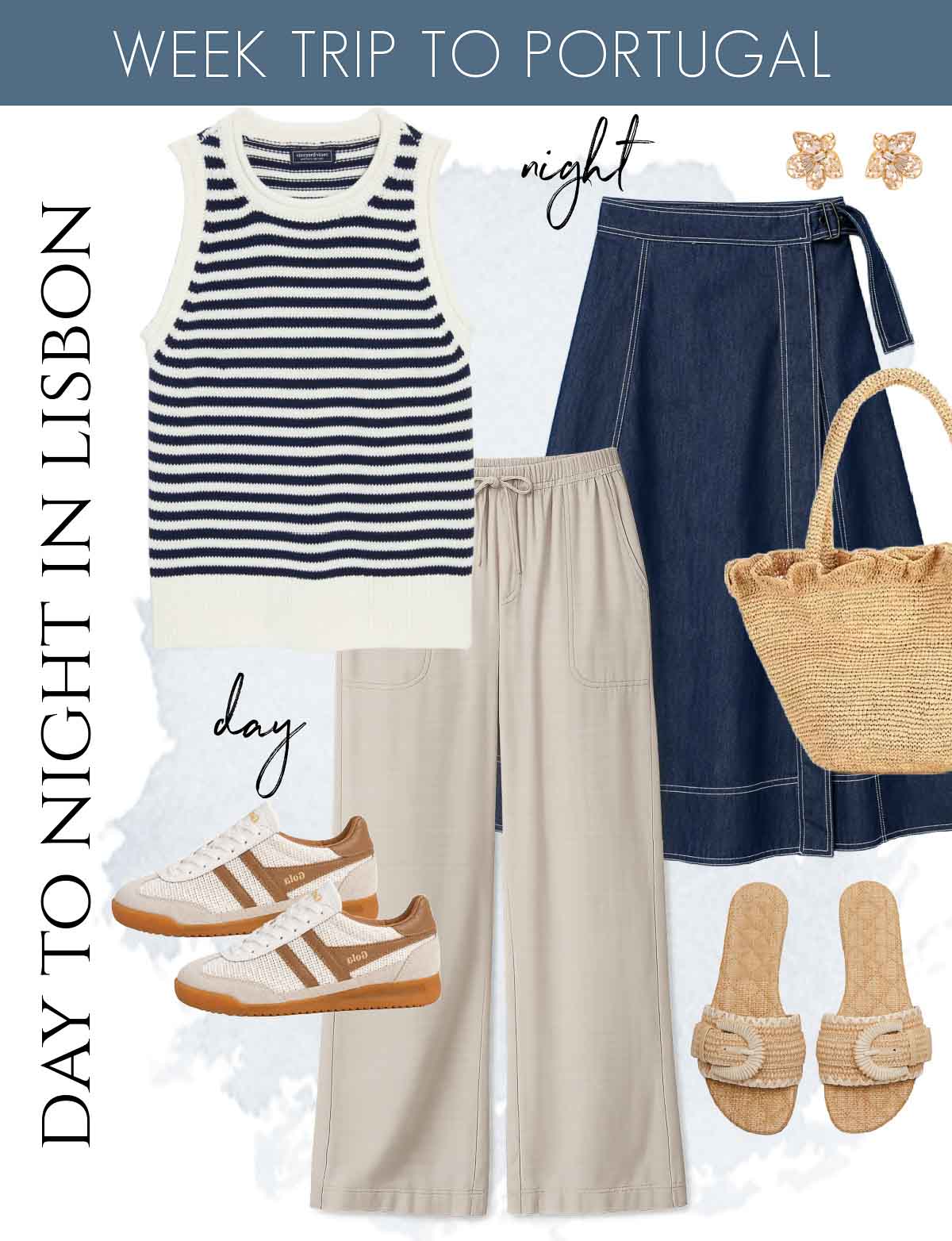 Day to night women's fashion in Lisbon with striped tank, long tan pants, and jean skirt with accessories