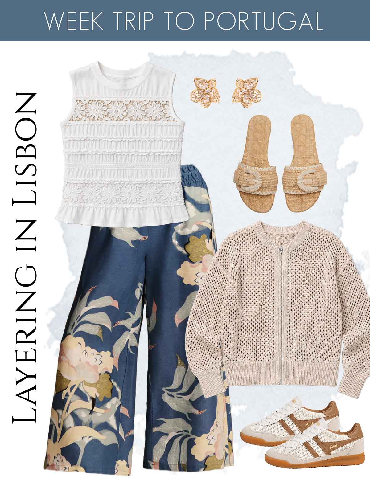 Layered women's fashion for Lisbon with patterned pants, white smocked top, and tan sweater