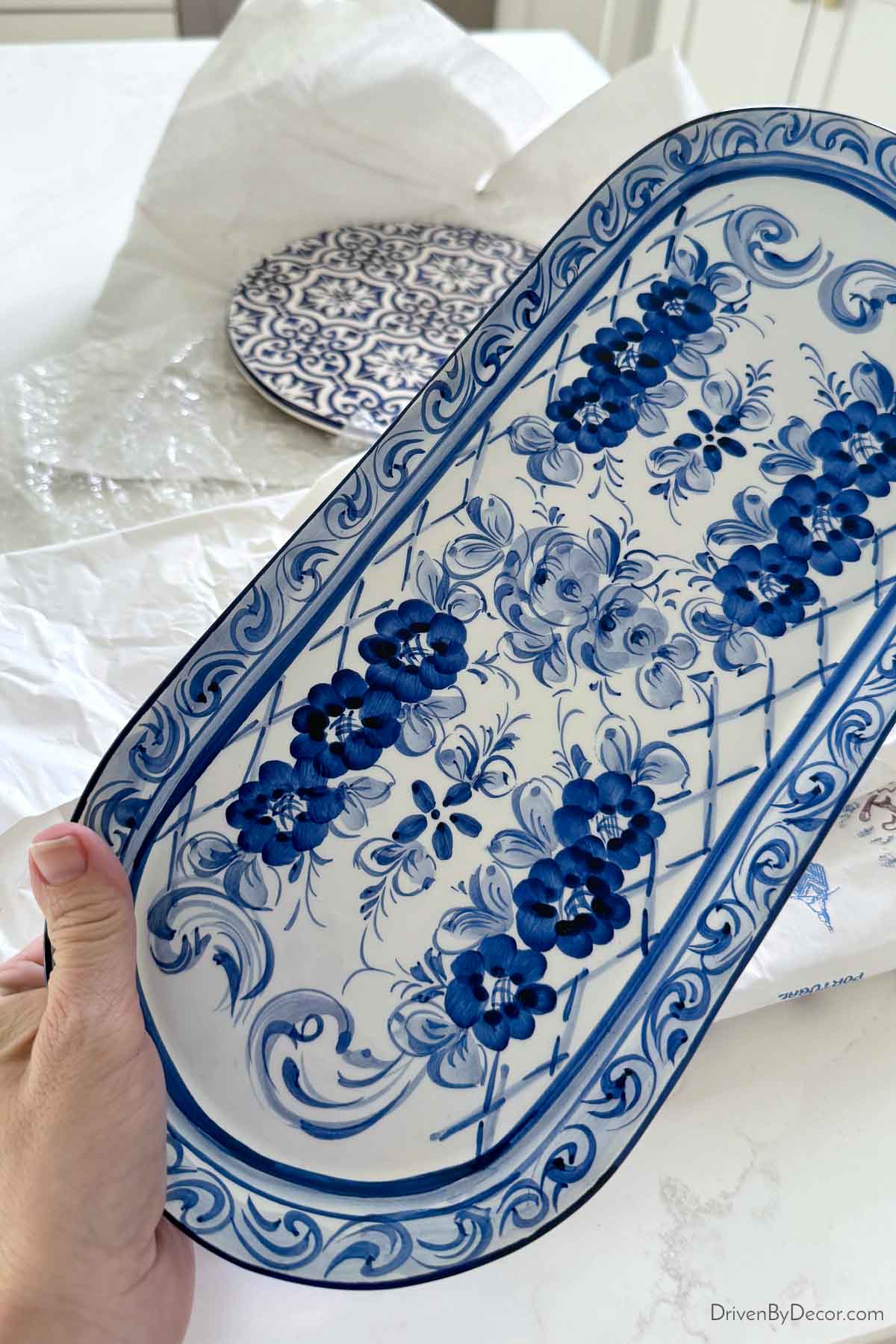 Long blue and white patterned platter from Portugal