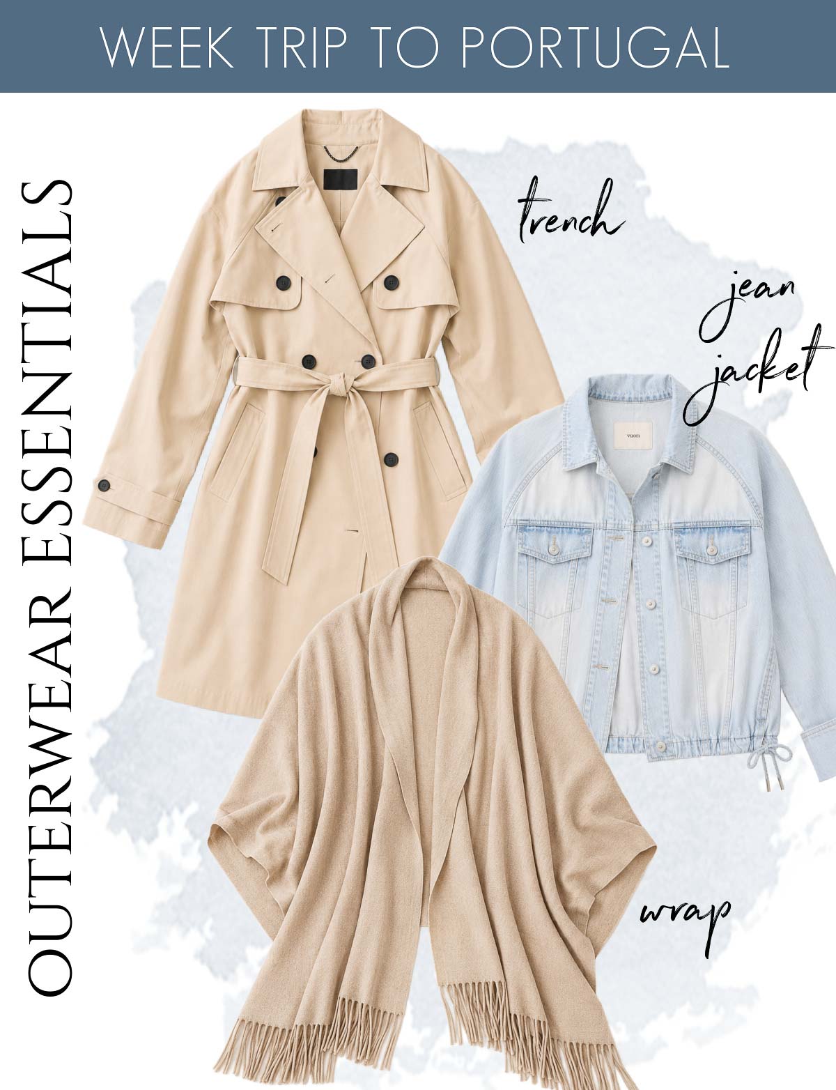 Trench coat, jean jacket, and wrap I used on Portugal trip