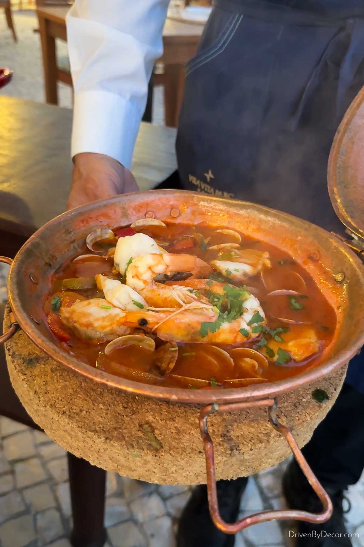 Seafood meal in open pot