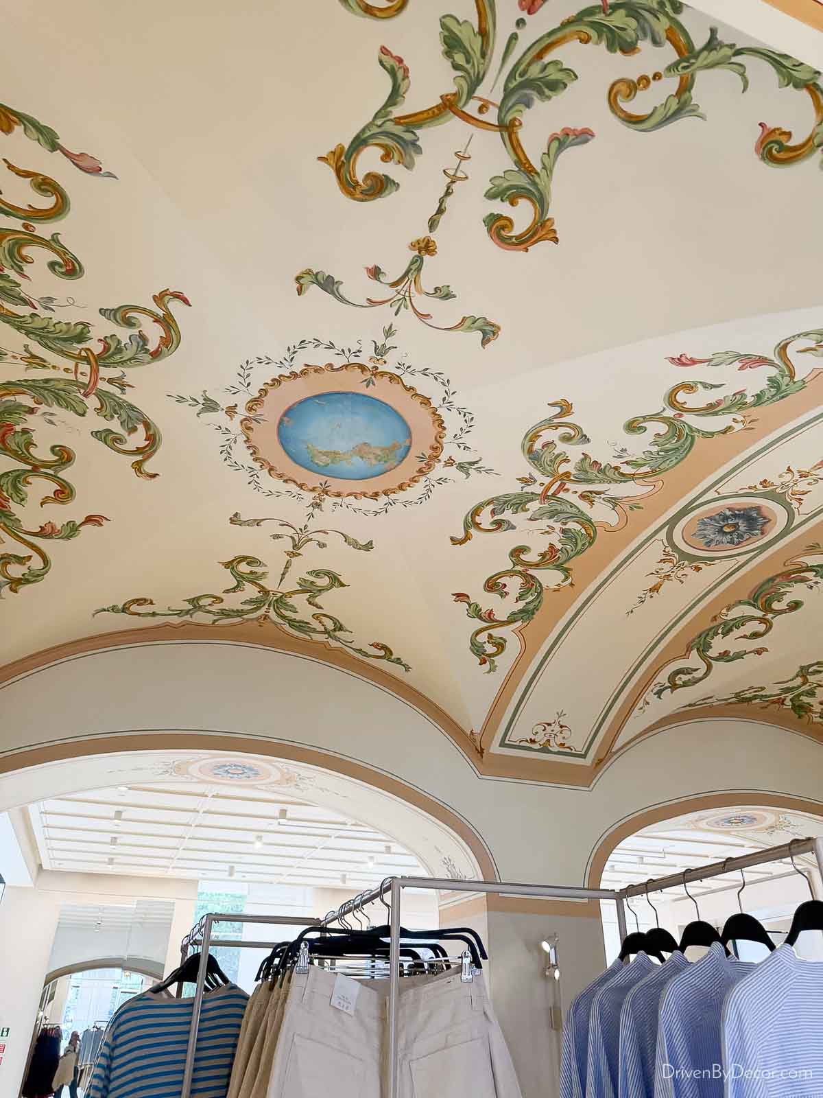 Gorgeous painted ceiling inside Zara in Lisbon