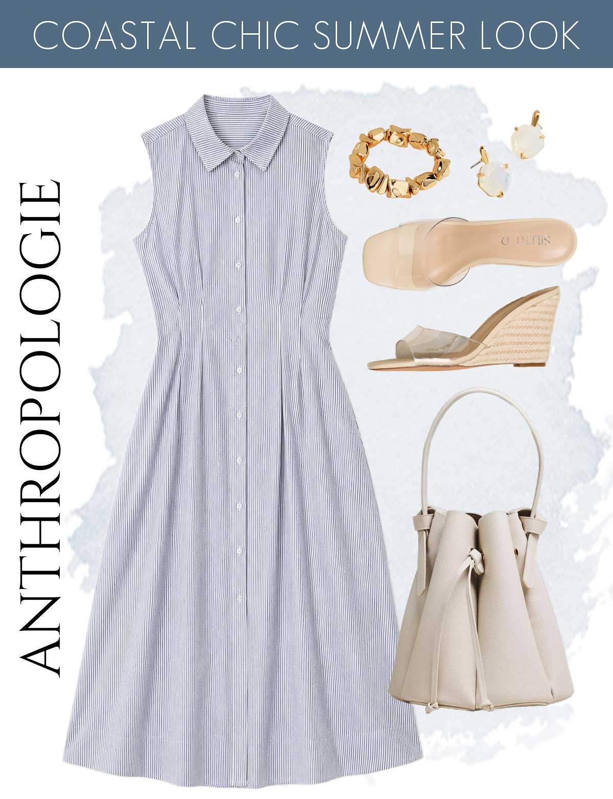 Blue and white striped dress with neutral dress, sandals, and gold bracelet
