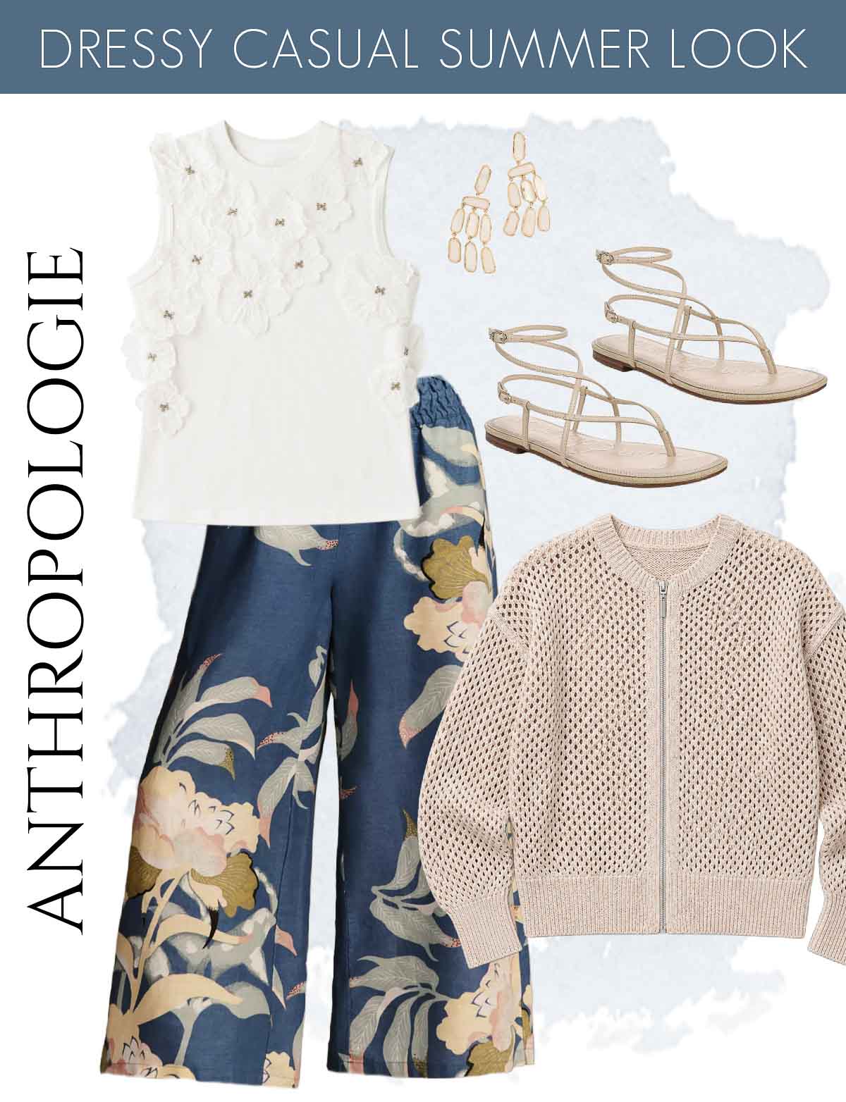 Blue patterned floral pants, white top, neutral sweater, and sandals