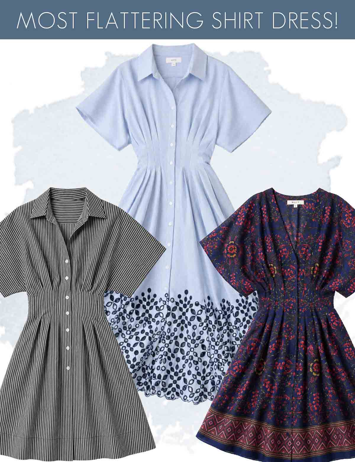 3 shirt dresses in different patterns