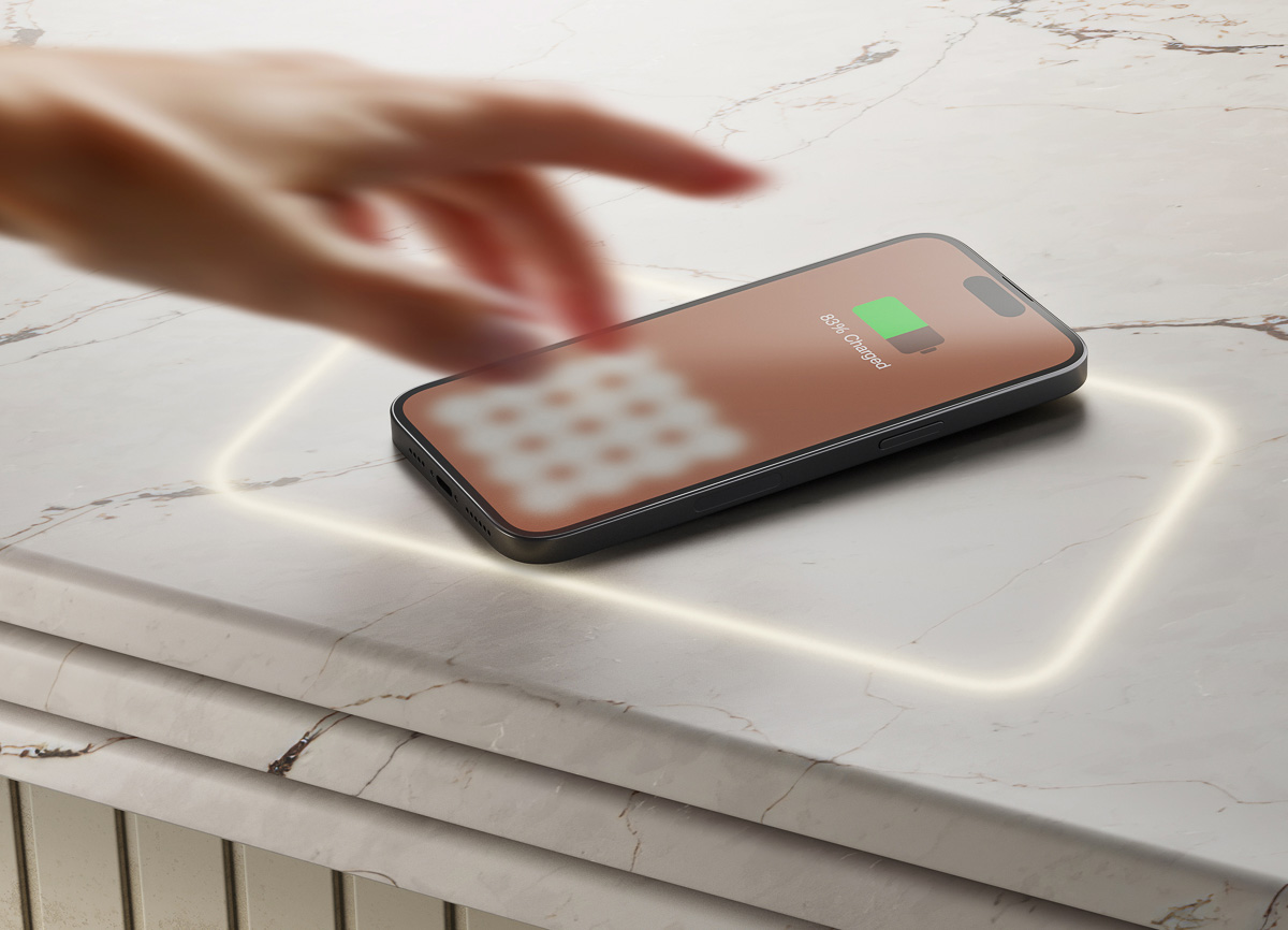 Countertop with phone charging through built-in wireless charging