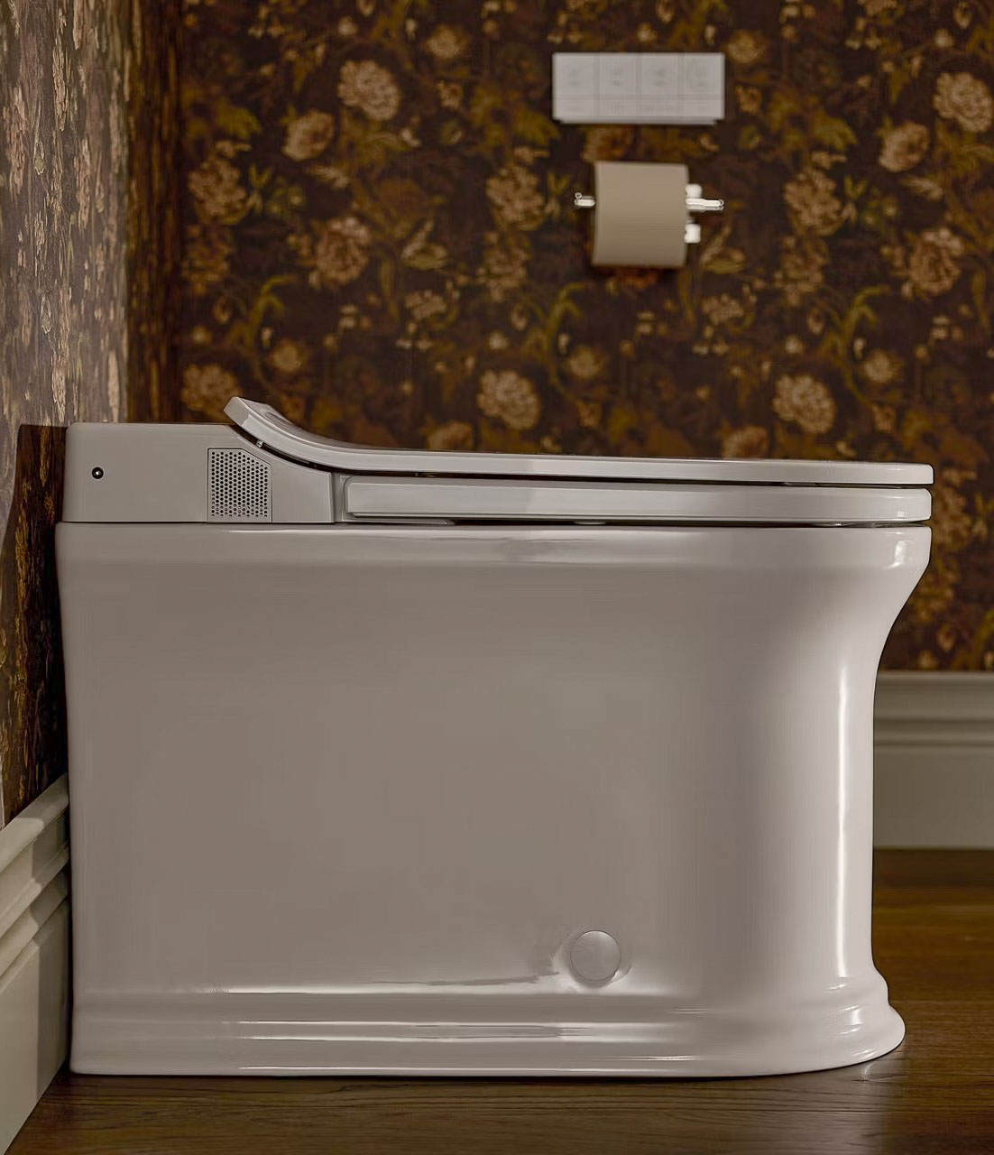 Smart toilet in room with floral wallpaper