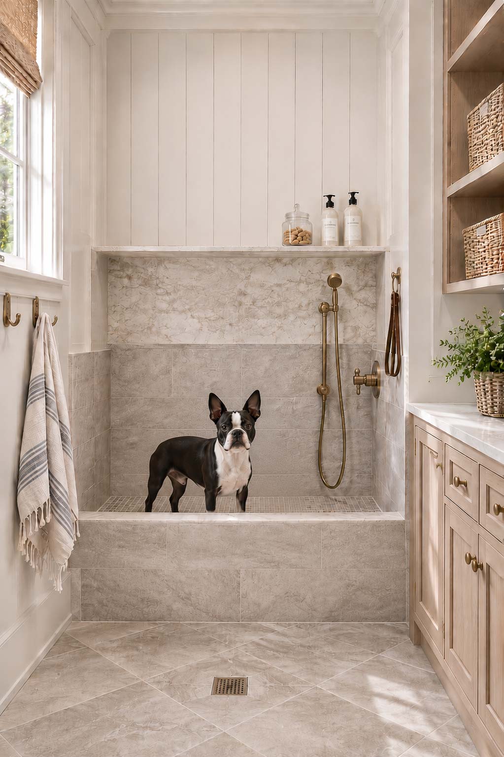 Rendering of custom dog wash with Boston terrier in tub