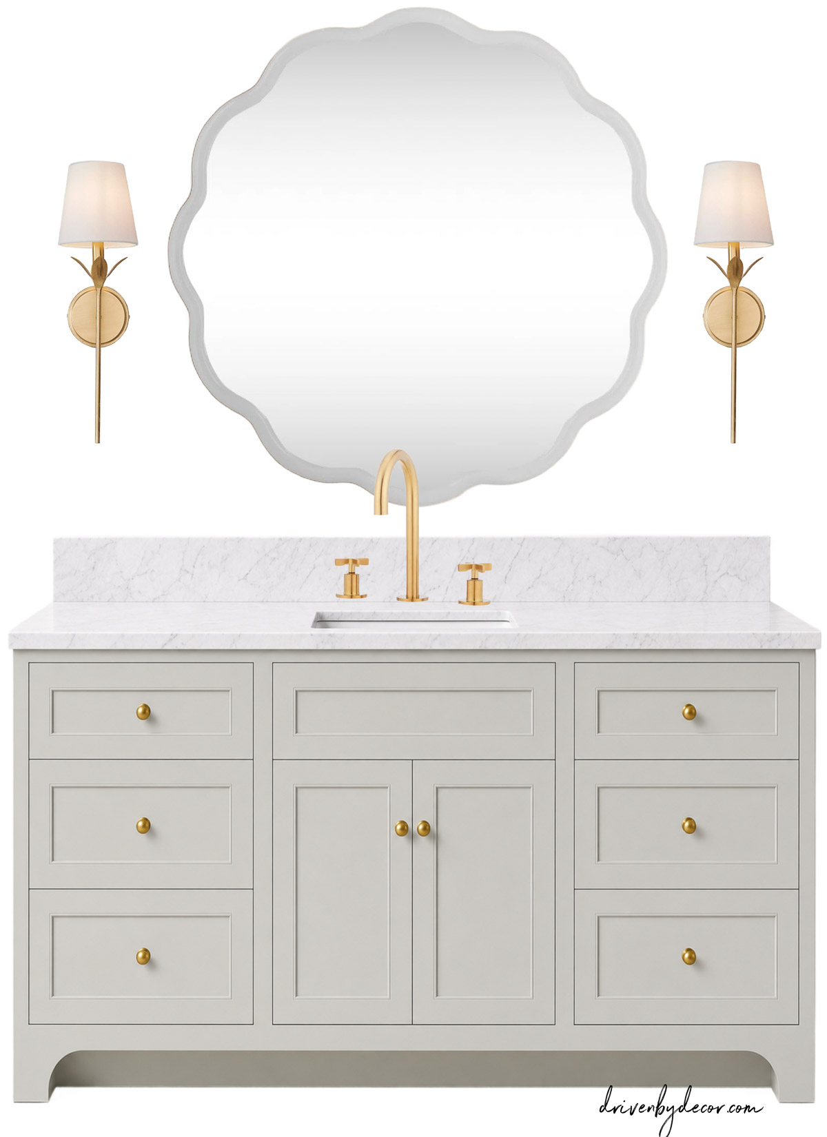 Light green bathroom vanity with wavy mirror and sconces