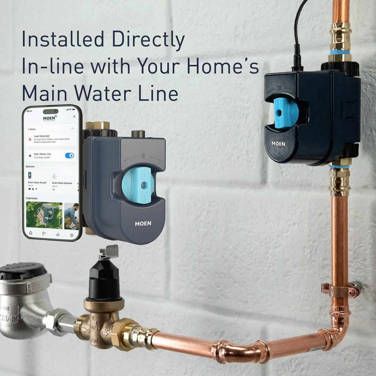 Moen leak detector hooked up to water line with phone app showing
