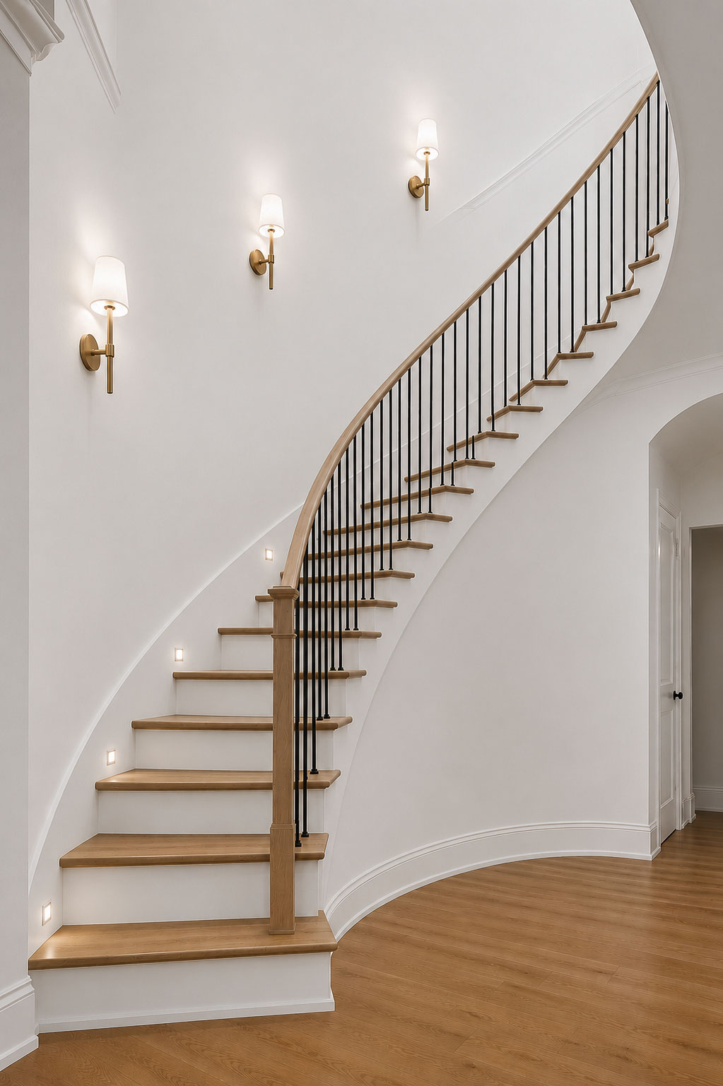 Curved staircase with lighting next to stairs