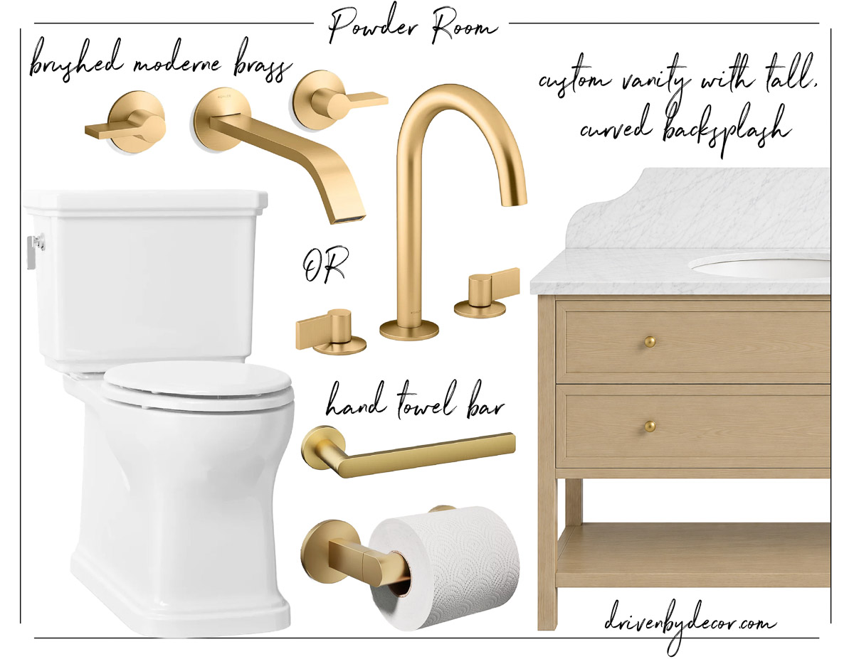 Timeless bathroom fixtures in brushed brass plus vanity and toilet in powder room
